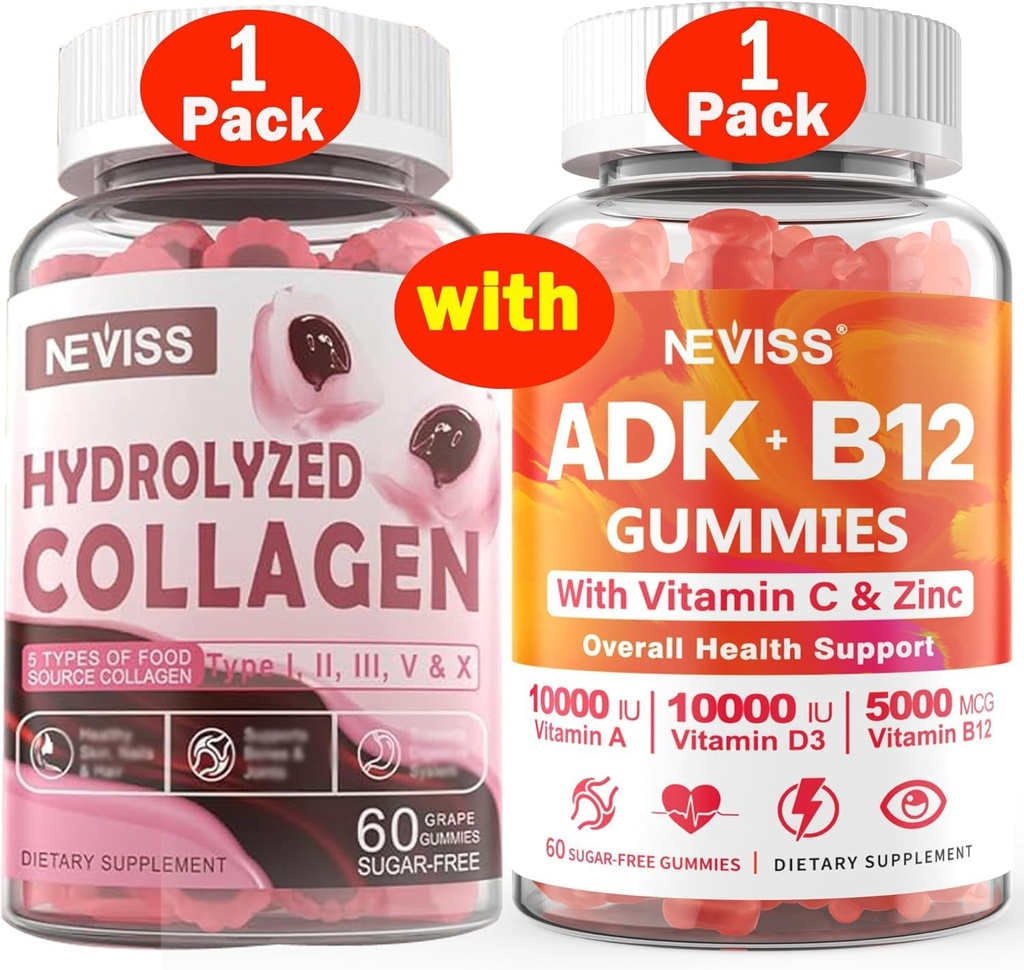 NEVISS 1Pack Hydrolyzed Collagen Gummies + 1Pack Vitamin ADK with B12 Gummies