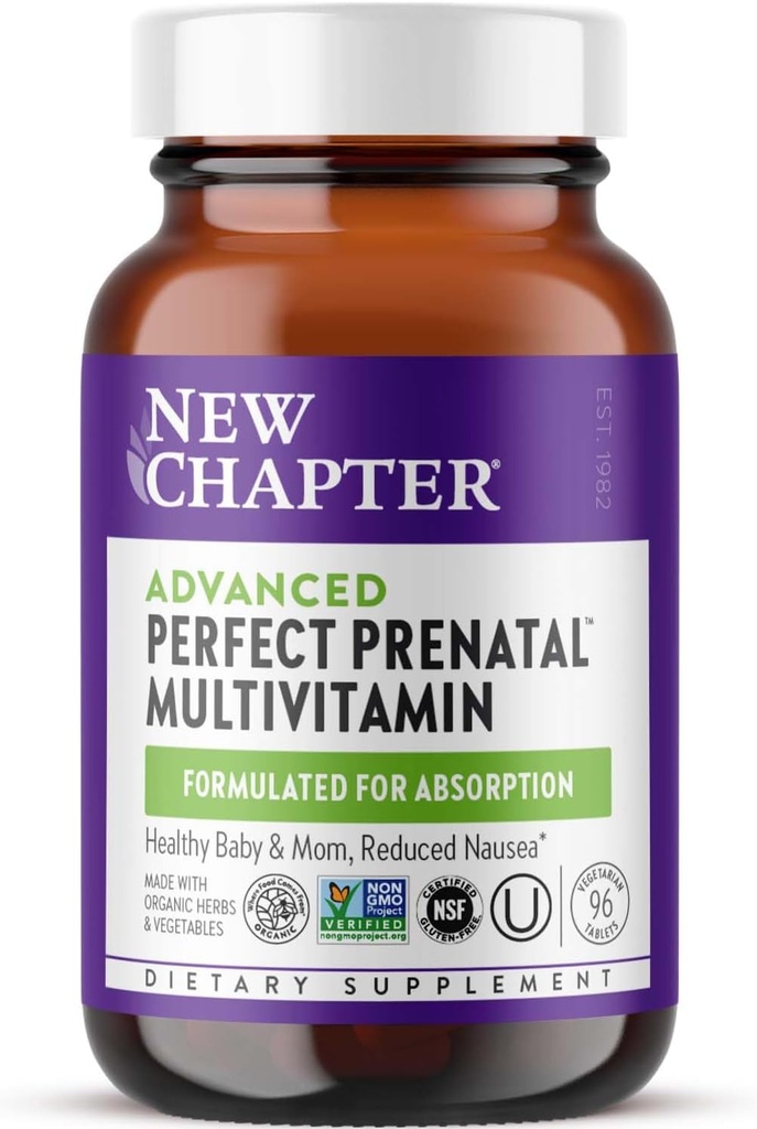 Nyt kapitel Avanceret perfekt prenatale vitaminer, 96ct, Lavet med økologiske, non-GMO ingredienser til sund baby & mor - Folate (methylfolat), Whole- Mad Gæret Jern, Vitamin D3 + Ginger