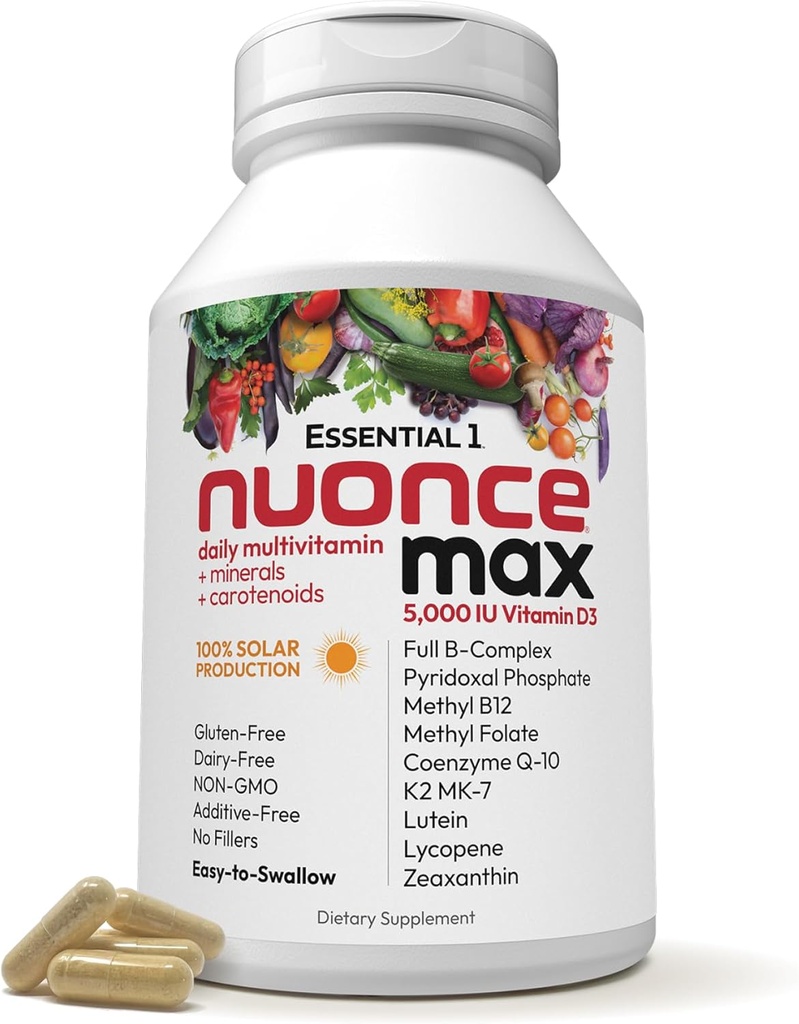 ANDREW LESSMAN Essential-1 nuonce max Multivitamin 5000 IE D3 180 små kapsler. 100 mcg methyl B12. CoQ10 Lutein Lycopene Zeaxanthin. High Potency. Ingen tilsætningsstoffer. Ultra- Mild 1 daglig kapsel