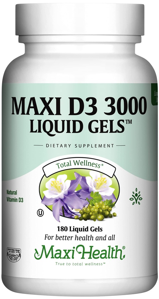 Maxi Health Vitamin D3 3000 IE 75 mcg vitamin D supplement til sunde knogler, tænder, immunforsvar - VIT D3 supplement let at synke non-GMO, supplement til mænd og kvinder - Kosher 180 Gels