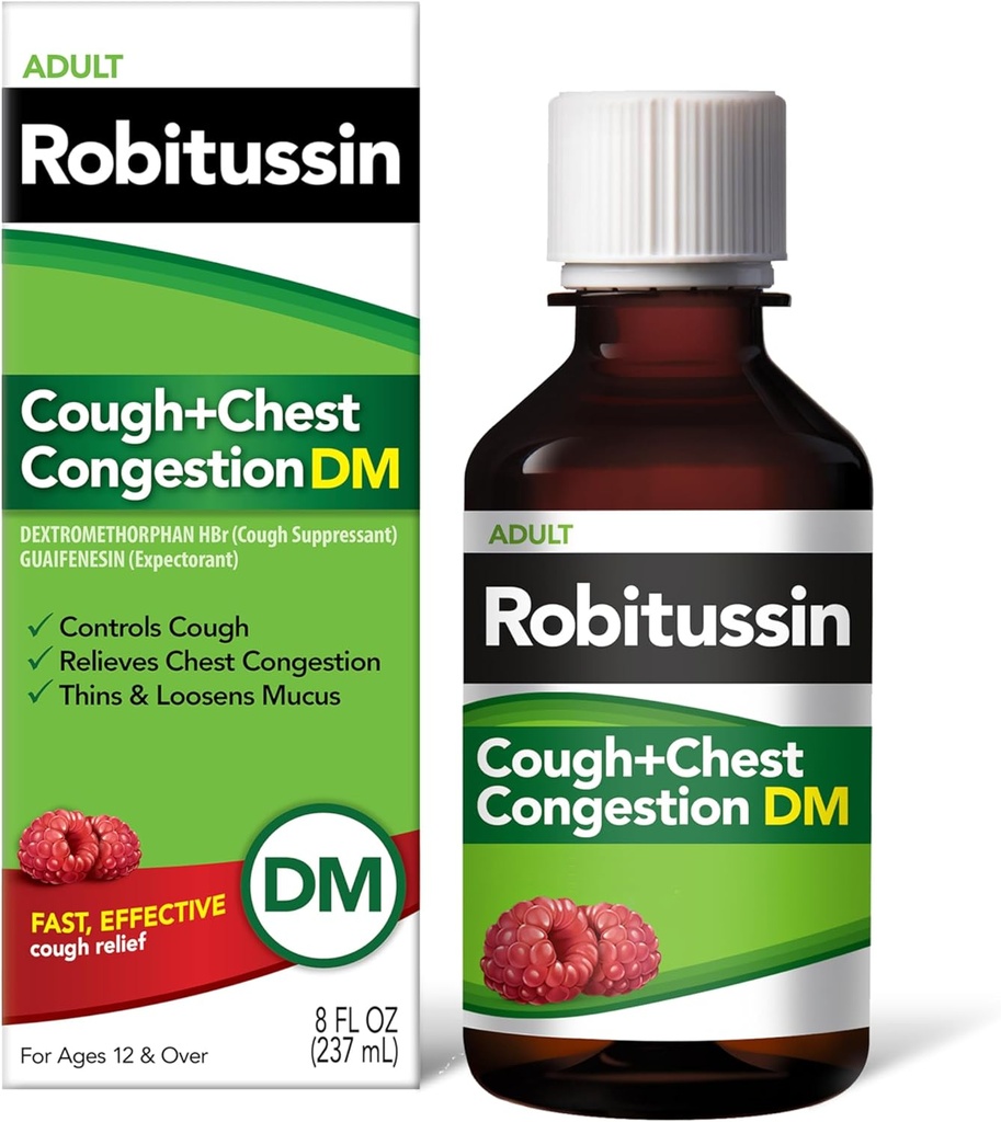 Robitussin Hoste og Bryst Congestion DM, Hoste suppressant og Expectorant, Raspberry Flavor - 8 Fl Oz flaske