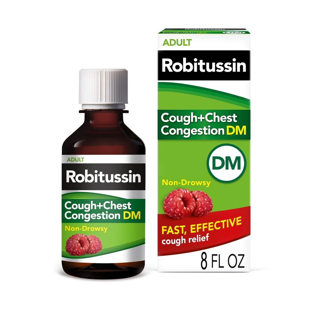 Robitussin Hoste og Bryst Congestion DM, Hoste suppressant og Expectorant, Raspberry Flavor - 8 Fl Oz flaske