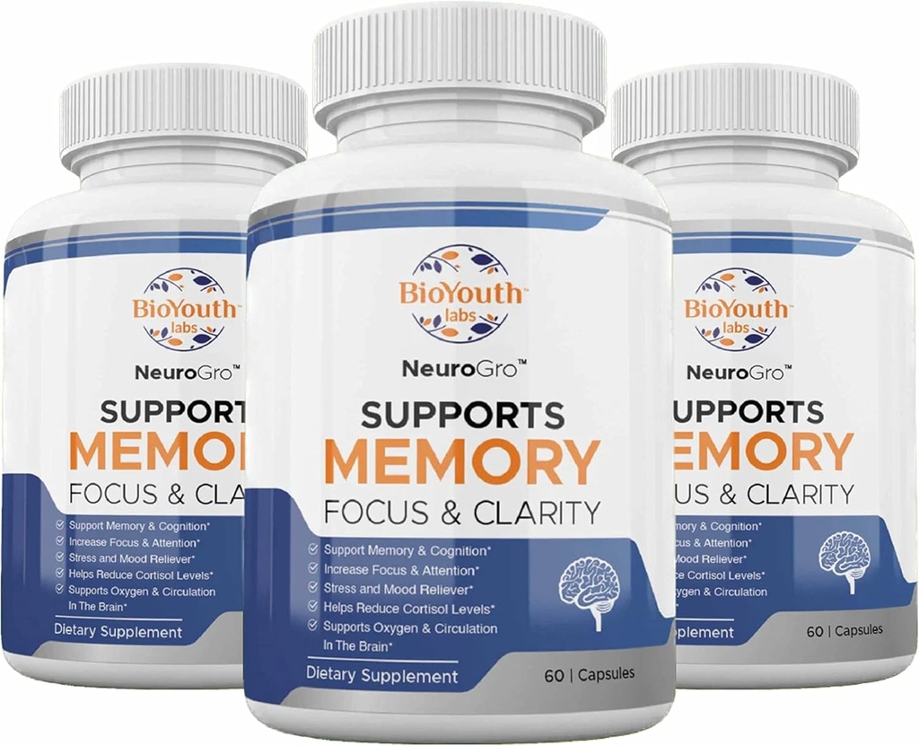 Labs Natural Brain Health Kosttilskud til voksne, 180 kapsler - Nutrious Blend of Bacopa Monnieri, Ginkgo biloba, Melissa Officinalis & Citicolin for Brain Focus & Memory