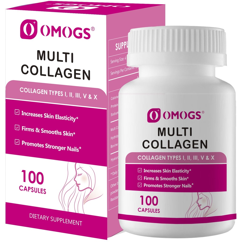 OMOGS Collagen Peptider Kapsler naturligt sourced hydrolyseret collagen med prebiotic & Cranberry Extract - hår, hud, negle, fælles, fordøjelsesmæssig sundhed & immunforsvar, non-GMO, 100 Capsule