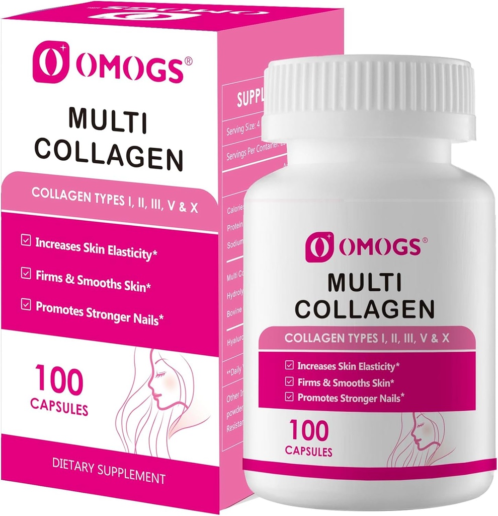 OMOGS Collagen Peptider Kapsler naturligt sourced hydrolyseret collagen med prebiotic & Cranberry Extract - hår, hud, negle, fælles, fordøjelsesmæssig sundhed & immunforsvar, non-GMO, 100 Capsule
