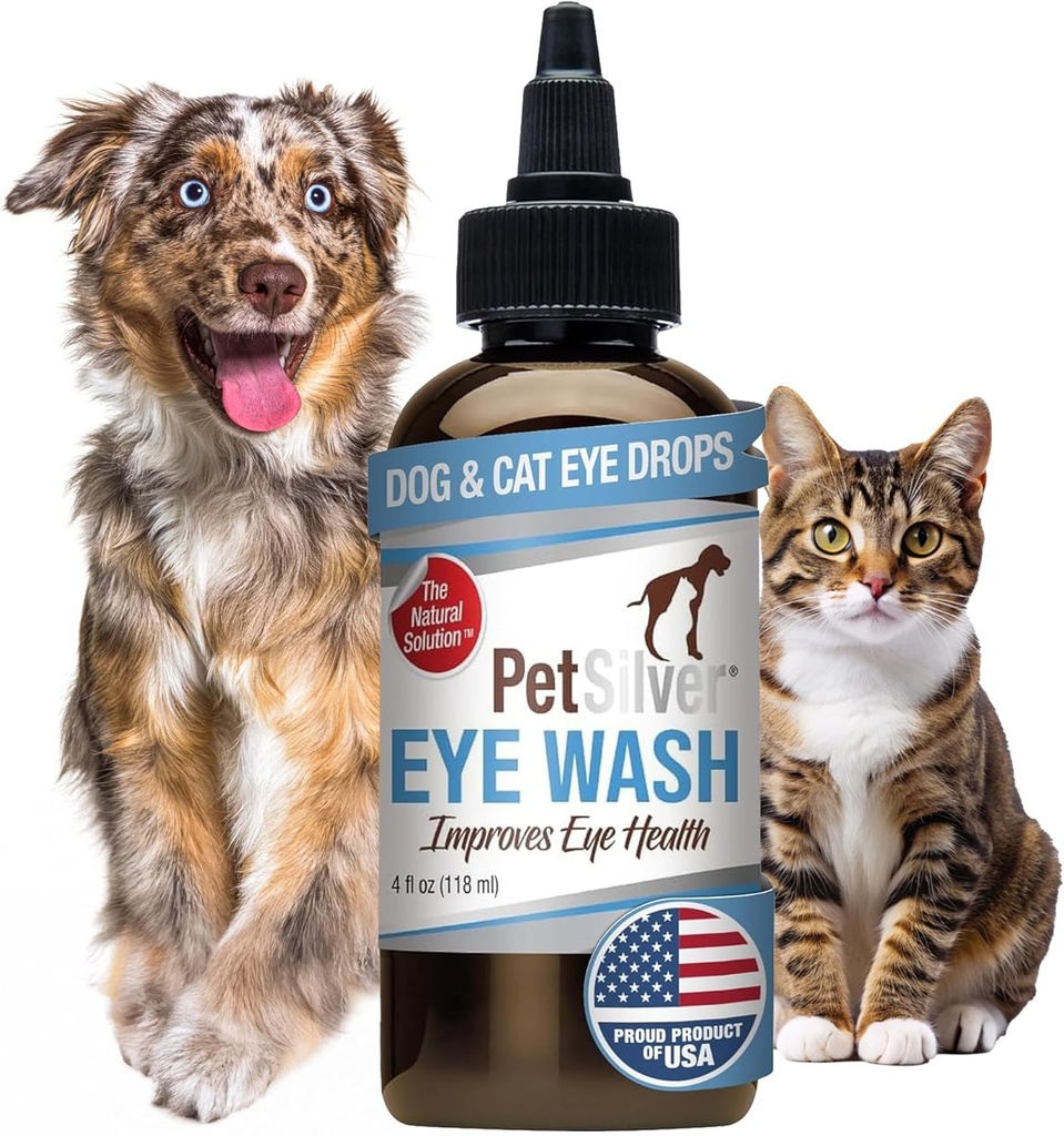 PetSilver Eye Drops til hunde og katte - Natural Dog Eye Wash - Relief for Inflammation & Irritation - Pet Eye Cleaner og Tear Stain Remover - Patenteret Sølv Formel - Lavet i USA - 4 fl oz