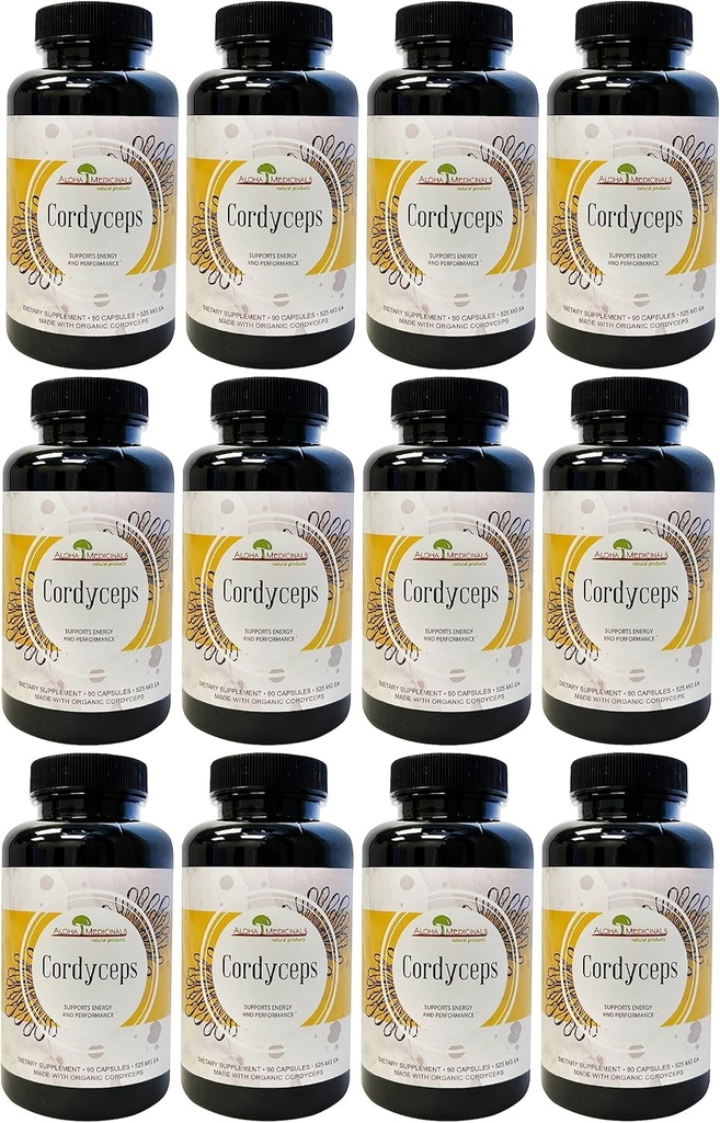 Aloha Medicinals Pure Cordyceps, Certified Organic Mushroom Supplement, Understøtter immunitet og energi, pakke med 12, 90 kapsler hver
