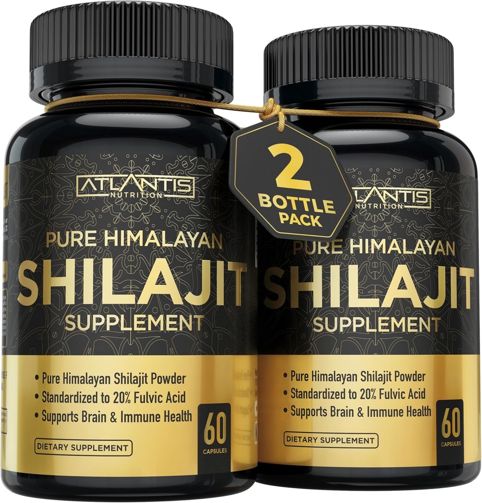 Atlantis Nutrition Himalayan Shilajit Kapsler Formuleret med 20% Fulvic Acid Medical 124; 1000MG Per Serving - 10: 1 Extract Medical 124; USA Made Medical 124; Himalayan Shilajit Supplement for mænd & Kvinder Medical 124; 120 Capsules