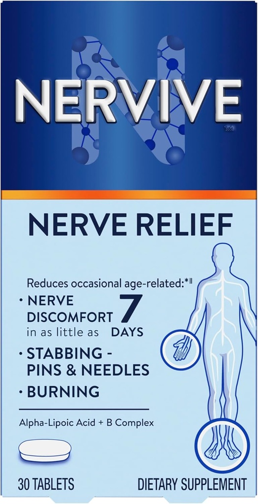 Nervive Nerve Relief, Occasional Nerve Diskomfort II, Nerve Relief, Starter arbejder i 7 dage, knivstikkende, Burning, Alpha Lipoic Acid, B Vitamin, Gurkemeje, Ginger, Nervive Supplement, 30 tabletter