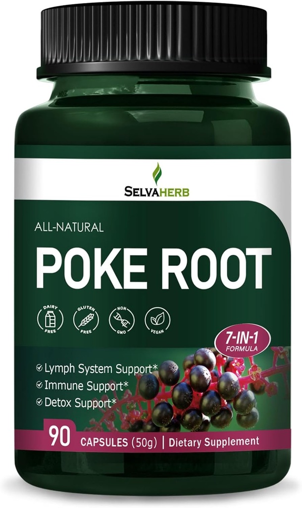 Poke Root Capsules Lymphorous Drainage Kosttilskud, Lymph System Support til Edema med Red Root Extract, Mælkebøst & Lymph Detox Rense. 90 Antal