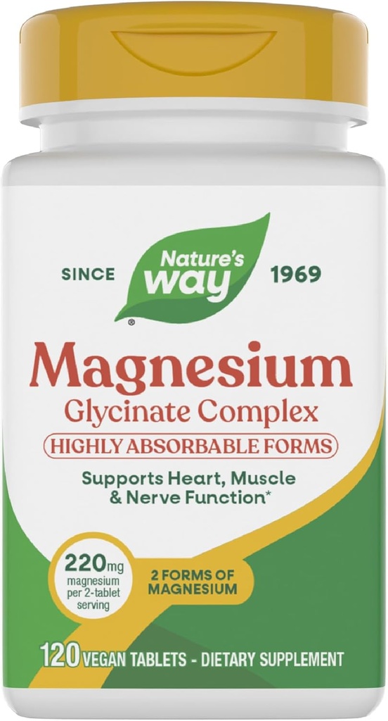 Nature 's Way Magnesium Glycinate Complex, Supports Heart, Muscle, Nerve Funktion *, Meget Absorberbar, 220 mg pr 2 - Tablet Servering, No Gluten, Vegan, 120 tabletter (Packaging May Vary)