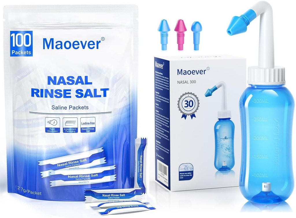 MAOEVER Neti Pot med 130 Nasal Wash Salt Pakker Sinus Rinse Flaske Næse Vaske Renere Trykskylning Nasal Vanding for Voksen & Kid BPA Gratis 300 ML Sticker Termometer