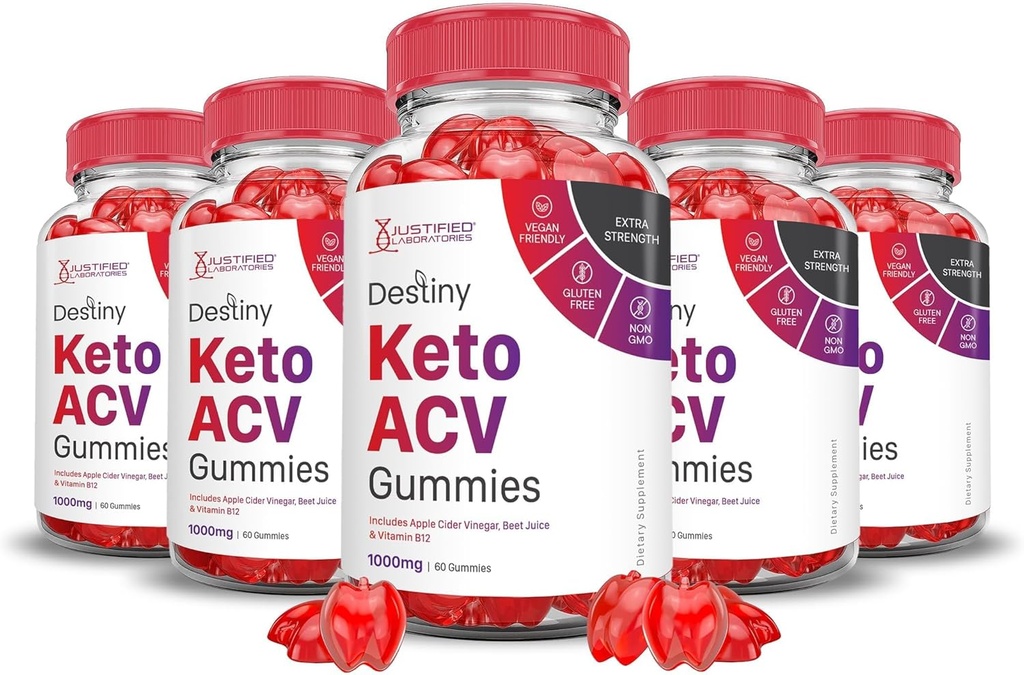 Justified Laboratories (5 Pack Destiny Keto ACV Gummies Advanced Formel 1000MG Destiny Keto Gummies Apple Cider Vinciate Formuleret med Pomegranate Beet Juice Powder B12 Vegan Non GMO 300 Gummys