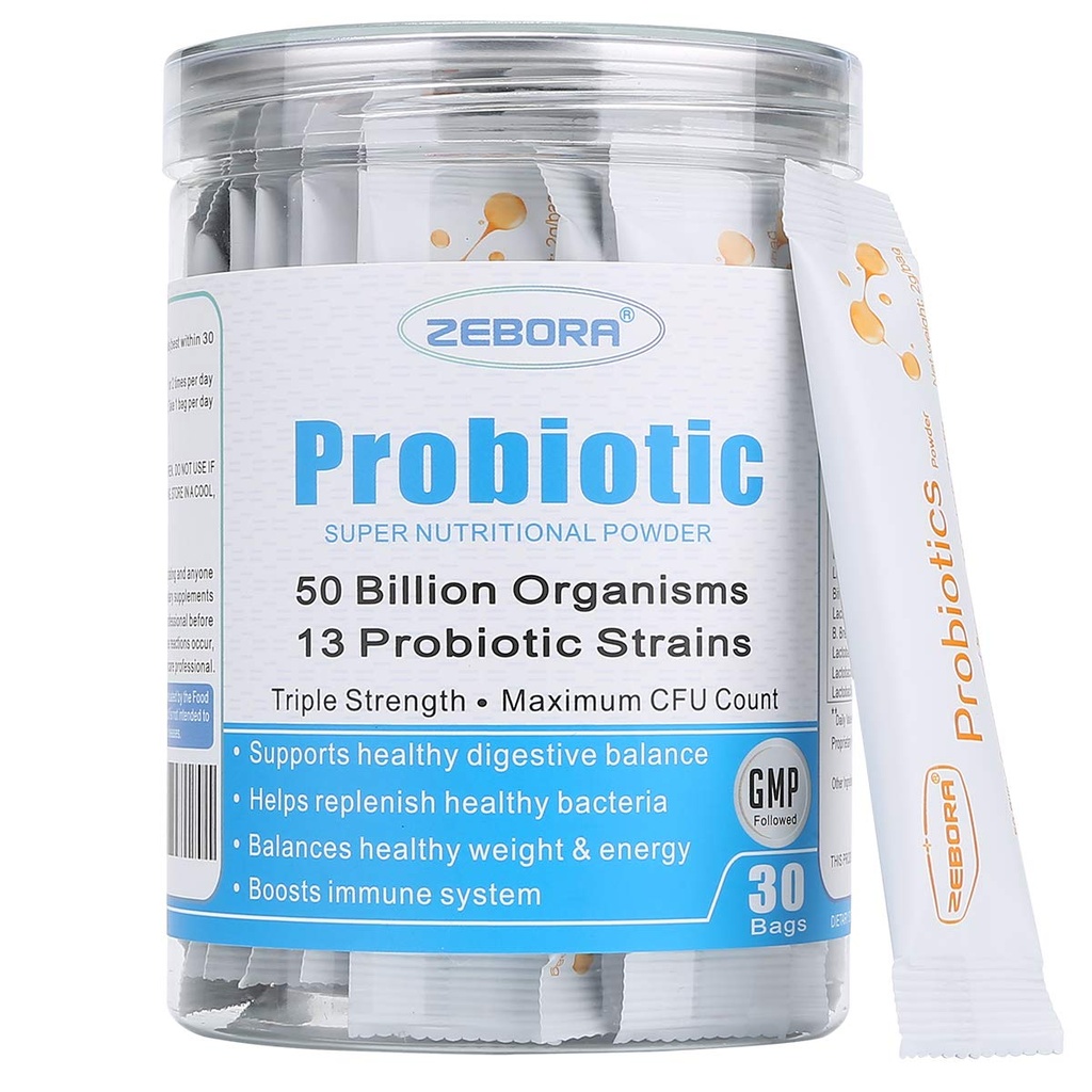 ZEBORA Probiotika til kvinder, mænd og børn, Prebiotika og probiotika pulver til fordøjelse og immungut sundhed - Support Healthy- Respiratory- System Gluten Free and Non GMO, 30 Pakker