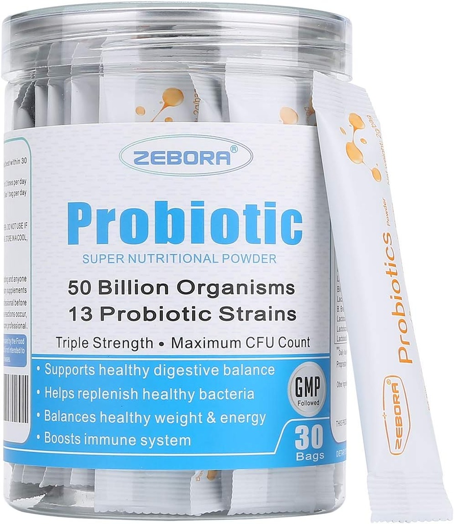 ZEBORA Probiotika til kvinder, mænd og børn, Prebiotika og probiotika pulver til fordøjelse og immungut sundhed - Support Healthy- Respiratory- System Gluten Free and Non GMO, 30 Pakker