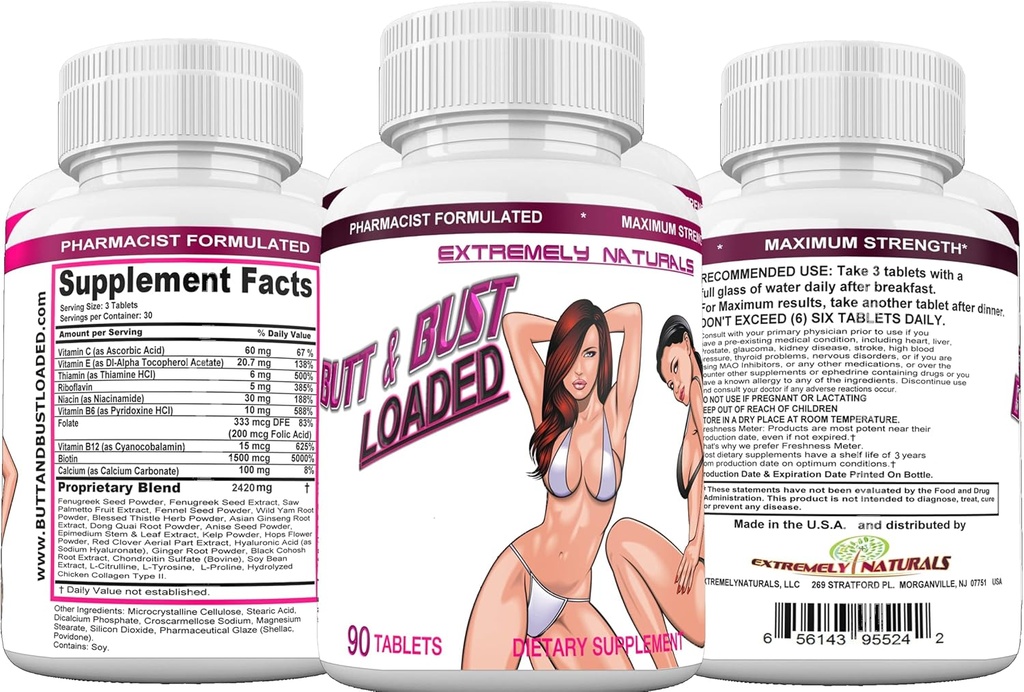 Butt & Bust Loaded, Best Bryst Udvidelsen, Butt Udvidelsen & Skin Stramning Pills - Natural Bust & Butt Enhancement - Kvinde Kropsaugmentering - Få Fuller, Firmer Bryster, Booty & Skin. 90 Tabs