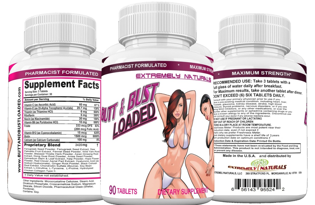 Butt & Bust Loaded, Best Bryst Udvidelsen, Butt Udvidelsen & Skin Stramning Pills - Natural Bust & Butt Enhancement - Kvinde Kropsaugmentering - Få Fuller, Firmer Bryster, Booty & Skin. 90 Tabs