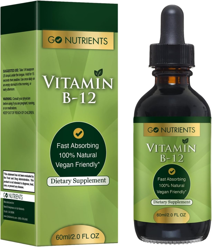 Go Nutrients Vitamin B12 Sublingual Methylcobalamin - B- 12 Flydende dråber 3000mcg, Økologisk Raspberry Flavor, Vegan - Understøtter energi, Nerve Sundhed & Red Blood Cell Dannelse - 2oz (48 Servere)