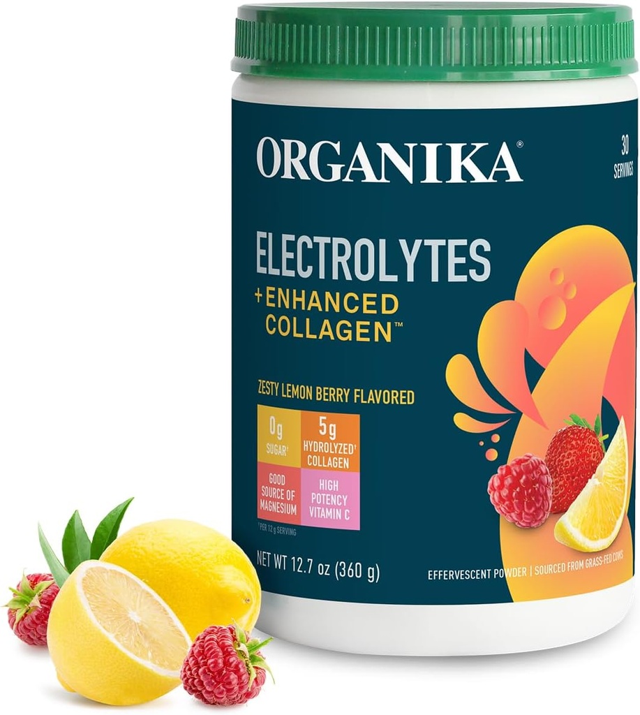 Organikа elektrolyter med forbedret collagen pulver til kvinder & mænd - 13 oz - Zesess Lemon Berry- Smaget Effervescent Electrolyte & Collagen drik mix - Dyb hydrering, mobilitet, hud, hår, & negle