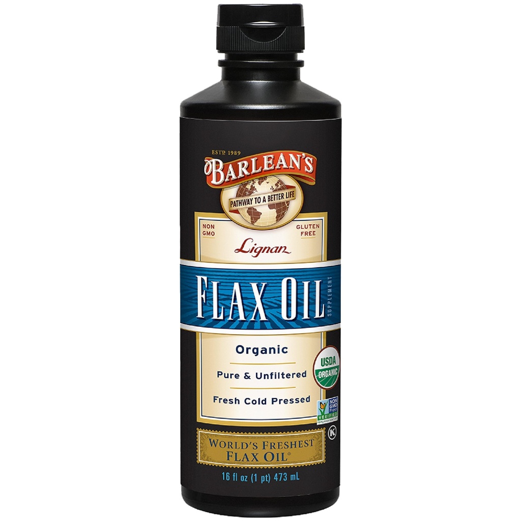 Barlean 's Organic Lignan Omega 3 Flaxseed Oil Liquid Supplement for mænd og kvinder, Cold Press Hør Frø, 7230mg ALA Fedtsyre, Vegan og Gluten Free, 16 oz