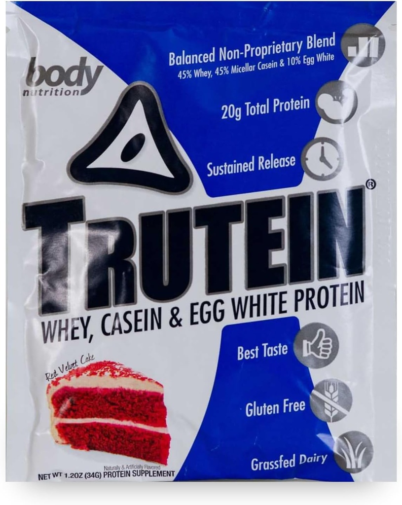 Body Nutrition Trutein High Protein Powder: 45% Whey, 45% Casein, 10% Egg White, Gluten- Free, Lavnatrium, Græs Fed Whey Protein Powder, Gym Supplement & Breakfast Shake, Red Velvet Cake, 34g prøve