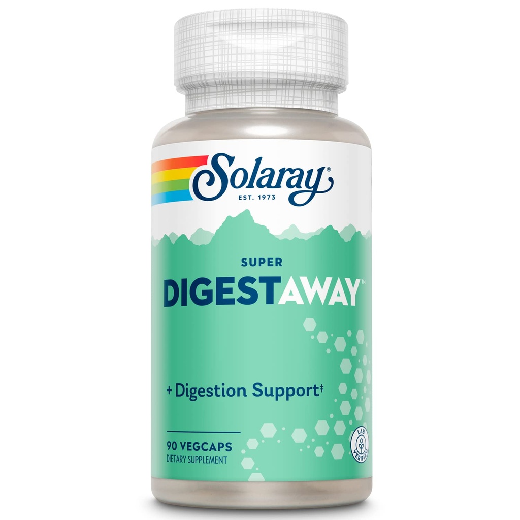 SOLARAY Super Digestaway fordøjelsesenzymer - Pancreatin, Papain, Ingefær, Pepsin, Betaine HCl, Aloe Vera, og mere - fordøjelse & næringsstof Absorption Support - Lab Verified - 90 VegCaps