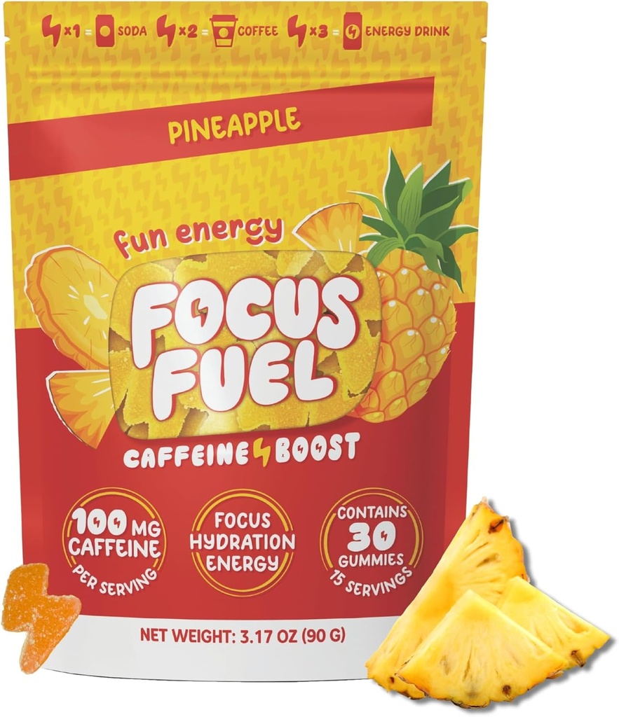FocusFuel Energy Chews - Ananas Arv (15 Servere) - 100mg Koffein + Alpha GPC + L- Theanine + B12, Magnesium - Tropical Energy Boost - Ingen Crash eller Jitters