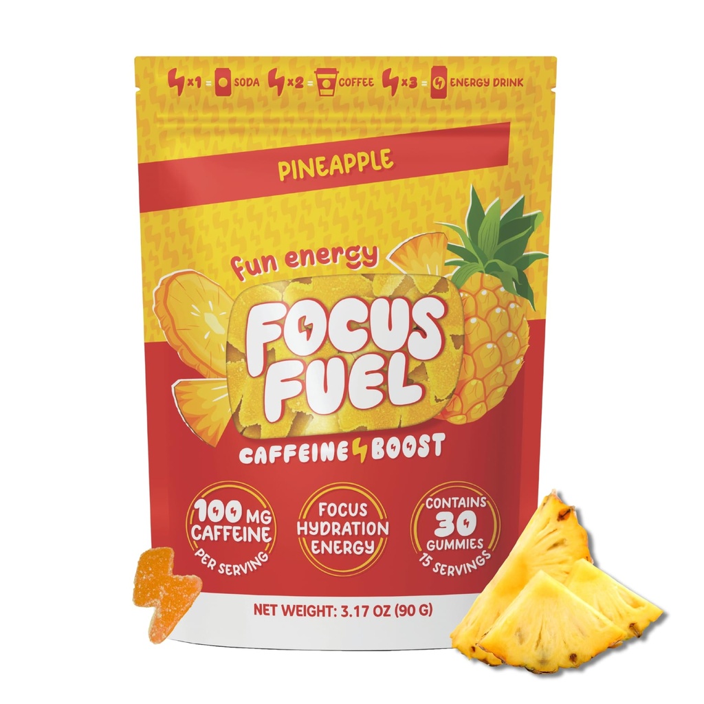 FocusFuel Energy Chews - Ananas Arv (15 Servere) - 100mg Koffein + Alpha GPC + L- Theanine + B12, Magnesium - Tropical Energy Boost - Ingen Crash eller Jitters