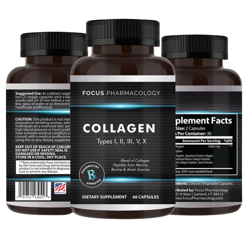 Collagen Support (Type I, II, III, V, X) Avian Sternum Hydrolyzed Collagen Hudpeptider Collagen Support med Hyaluronsyre + Protein Complex + Natural Supplement (180 kapsler)