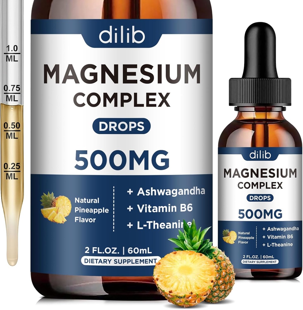 Triple Magnesium Complex Supplement- Magnesium Glycinat, Citrate, Malate Liquid Drops 500mg med Ashwagandha, L- Theanin, B6-vitamin til afslapning, Stress Relief, søvn, Muscle Support- Pineapple Flavor