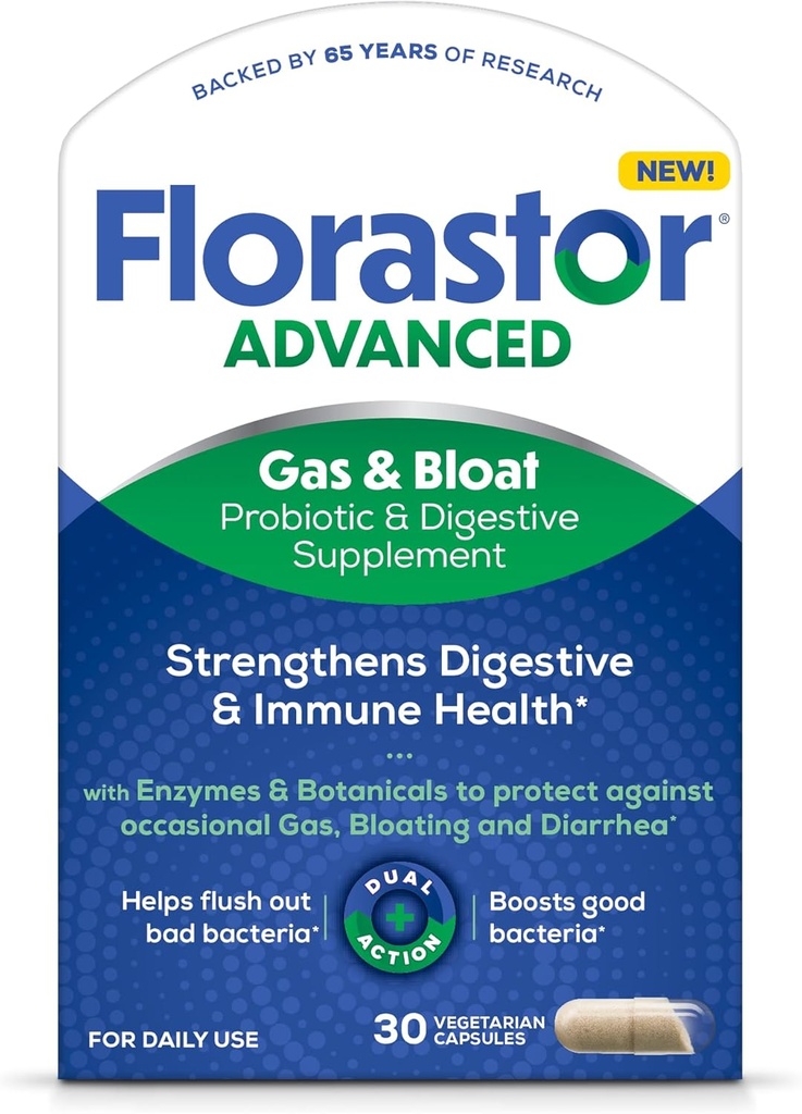 Florastor Advanced Gas and Bloat Probiotic, fordøjelsesenzymer og botanicals, Plus Probiotika til fordøjelsessygdomme, 30 kapsler