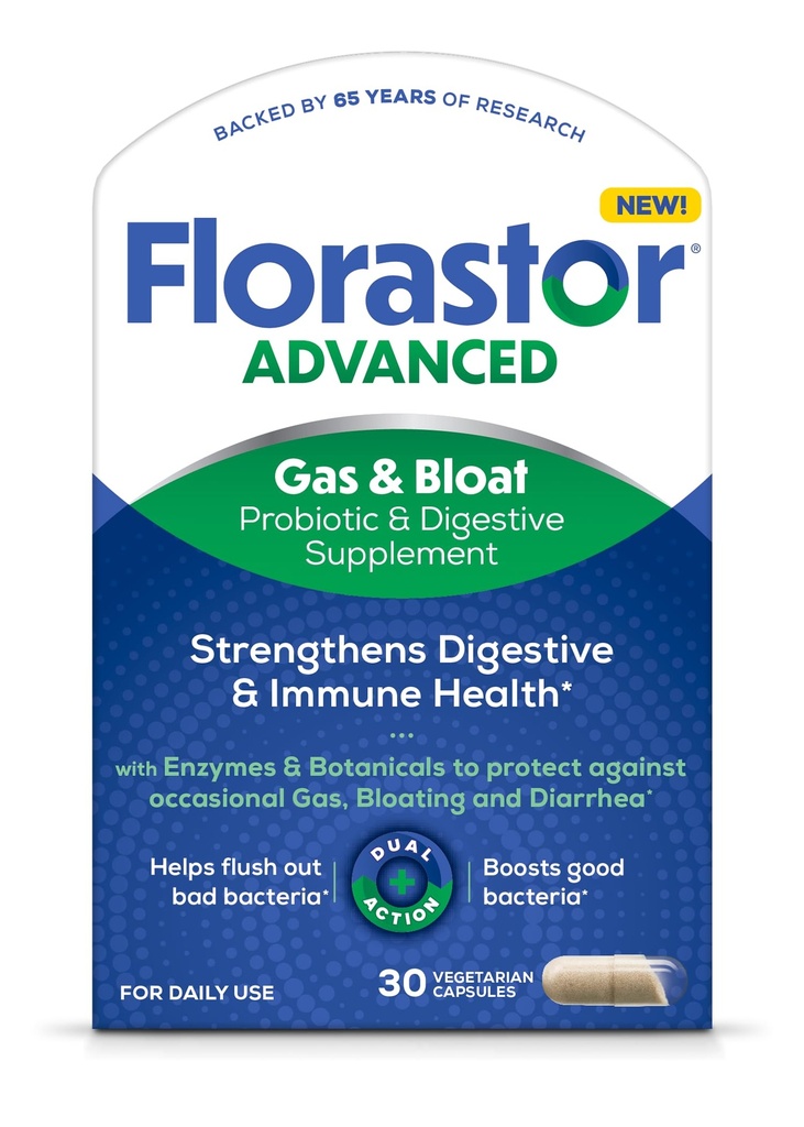 Florastor Advanced Gas and Bloat Probiotic, fordøjelsesenzymer og botanicals, Plus Probiotika til fordøjelsessygdomme, 30 kapsler