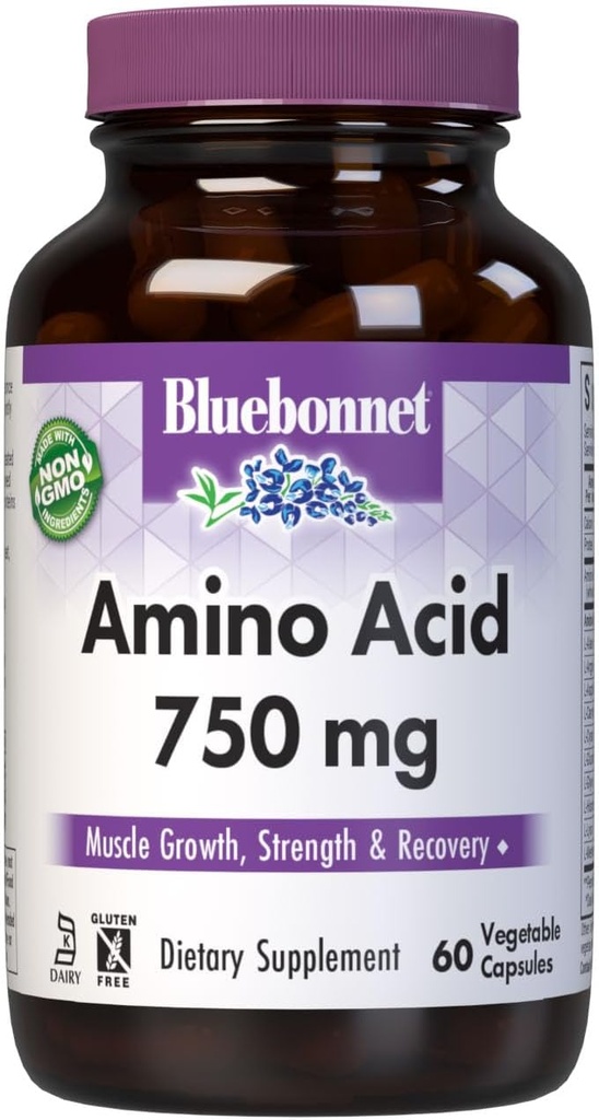 Bluebonnet Nutrition Amino Acid 750mg, High Potency, for Muscle Health *, Soy- Free, Gluten- Free, Non- GMO, Kosher Dairy, White 60 Vegetabilske kapsler, 15 Servere