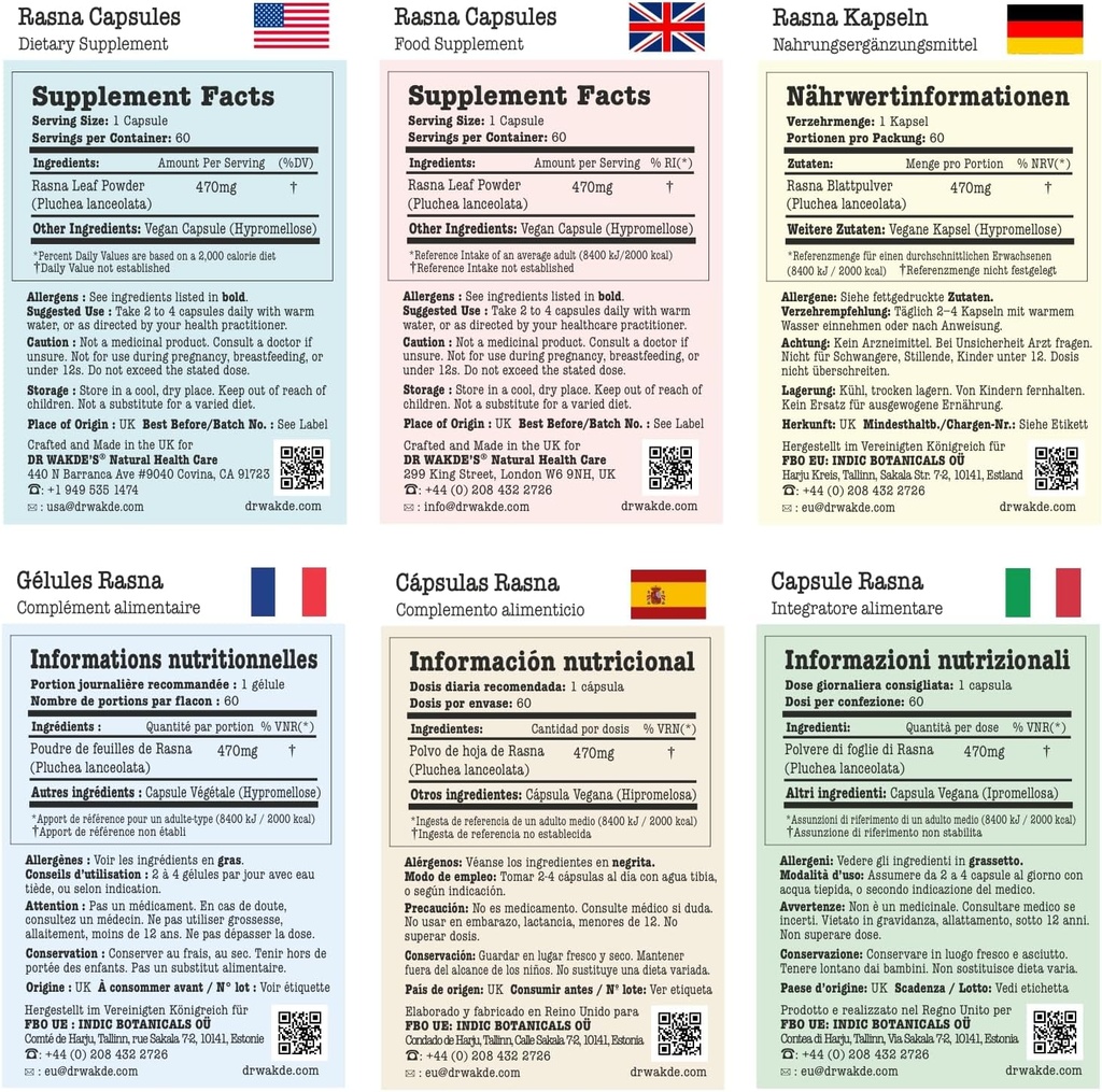 DR WAKDE 's Rasna kapsler (Pluchea lanceolata, 60 Veg Caps, Plant- baseret supplement, Ayurvedic Herb, All Natural, Vegan)