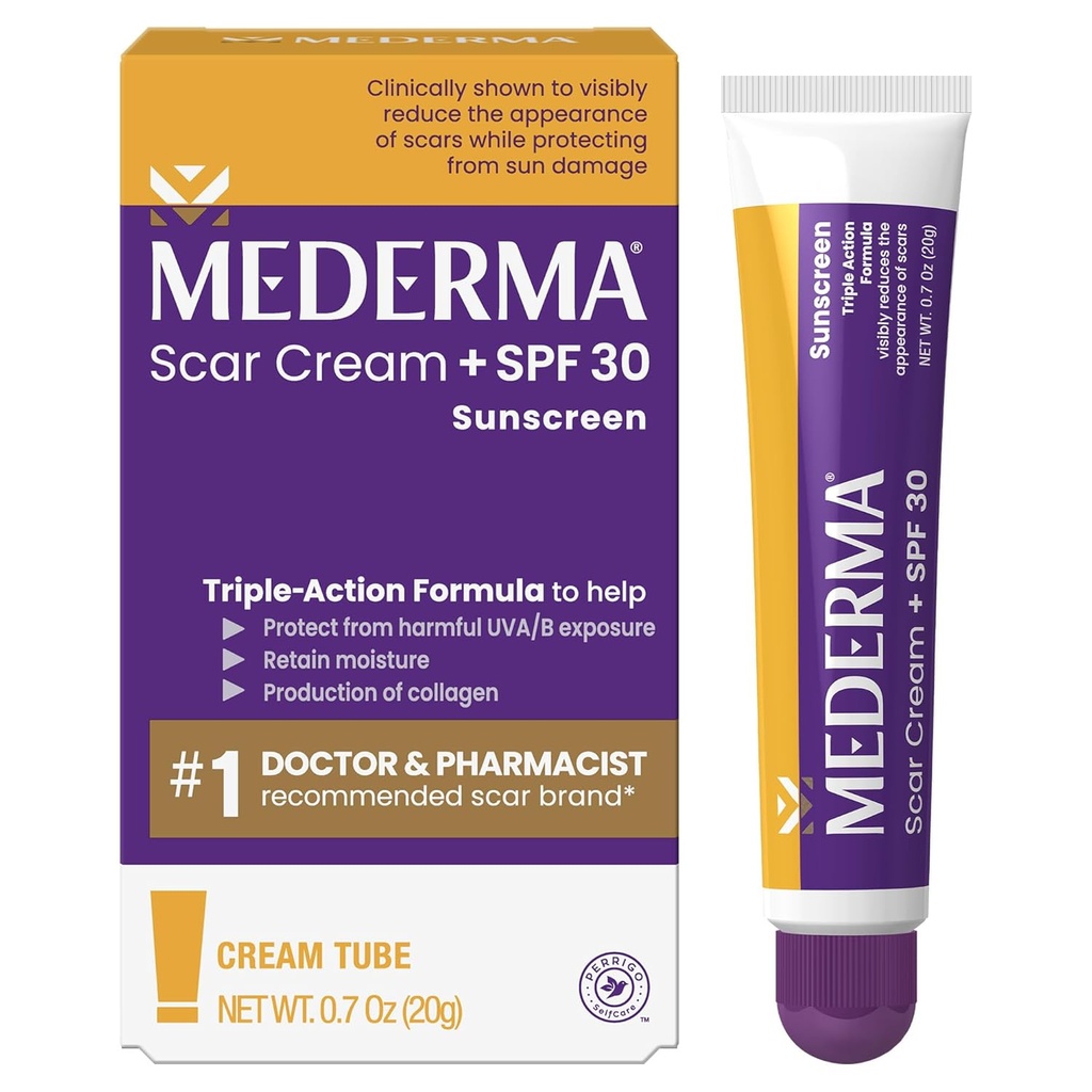 Mederma Scar Cream Plus SPF 30 - Avanceret Scar Treatment, Beskytter mod solskader, Reducerer Udseende af Scars fra Acne, Burns, Kirurgi & Skade, 0.7 oz