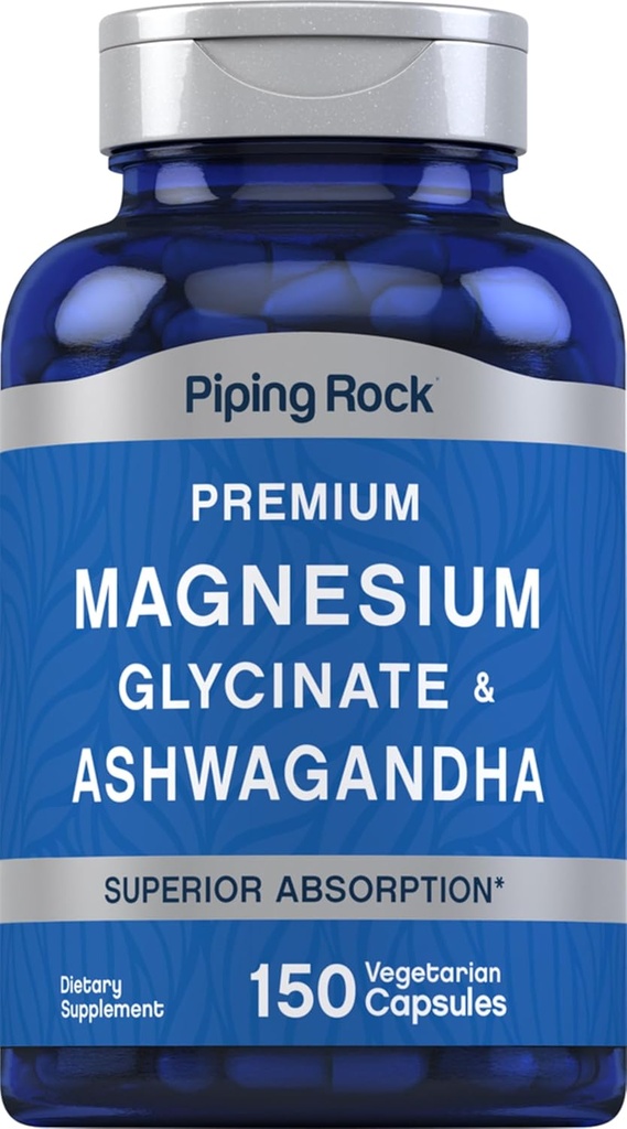 Piping Rock Magnesium Glycinat og Ashwagandha Note 124; 150 Kapsler
