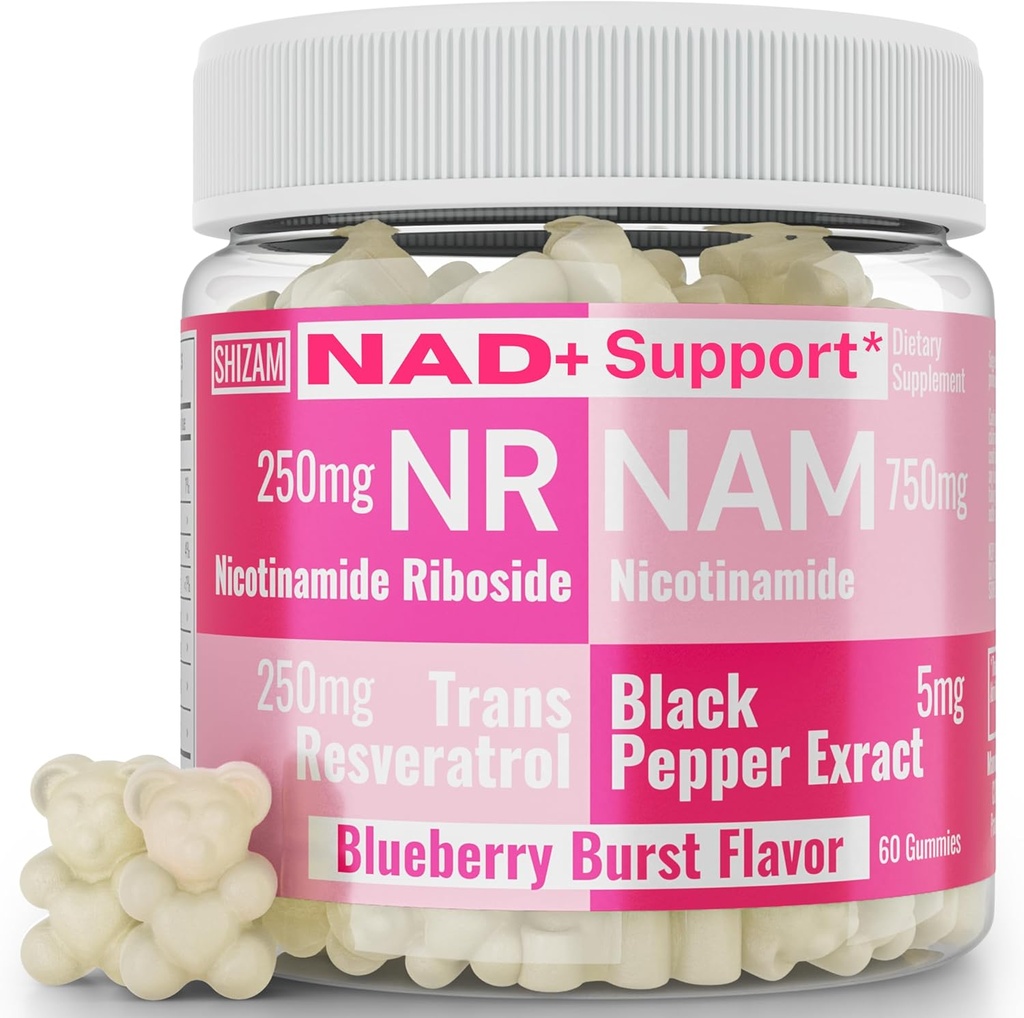 SHIZAM Nicotinamid Riboside NR NAM Resveratrol Gummies, 1000mg NAD + NAD + Plus Nrf2 Aktivator Booster w Pure Niacinamid Vitamin B3 Kapsler Piller Pulver Kosttilskud Alt NDA Regenerator 500mg