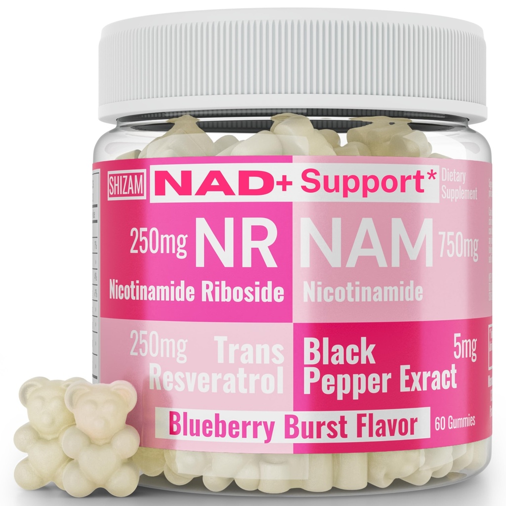 SHIZAM Nicotinamid Riboside NR NAM Resveratrol Gummies, 1000mg NAD + NAD + Plus Nrf2 Aktivator Booster w Pure Niacinamid Vitamin B3 Kapsler Piller Pulver Kosttilskud Alt NDA Regenerator 500mg