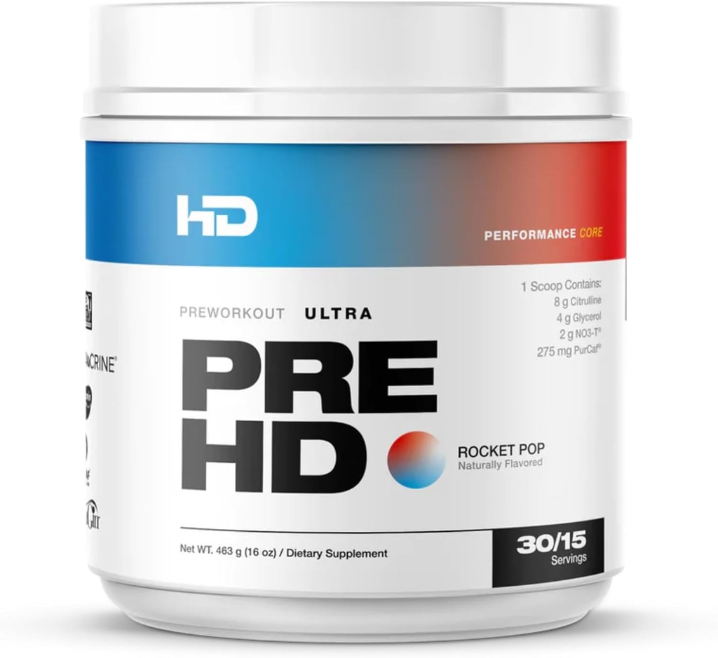 HD MUSCLE PreHD Ultra Pre Workout Budd124; med Citrullin, NO3- T Nitrater, Creatin, Beta Alanine Budd124; 275mg Koffein som Purcaf Budding124; 30 / 15 Serveringer (Rocket Pop)