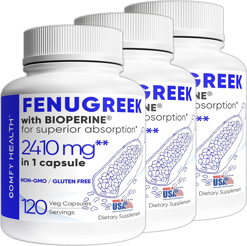 Fenugreek kapsler, 2410 mg, 360 Servering, Fenugreek piller med BioPerine ® til Superior Absorption, Non- GMO, Gluten Free Fenugreek Frø Extract Kosttilskud, Fenostreco Capsulas
