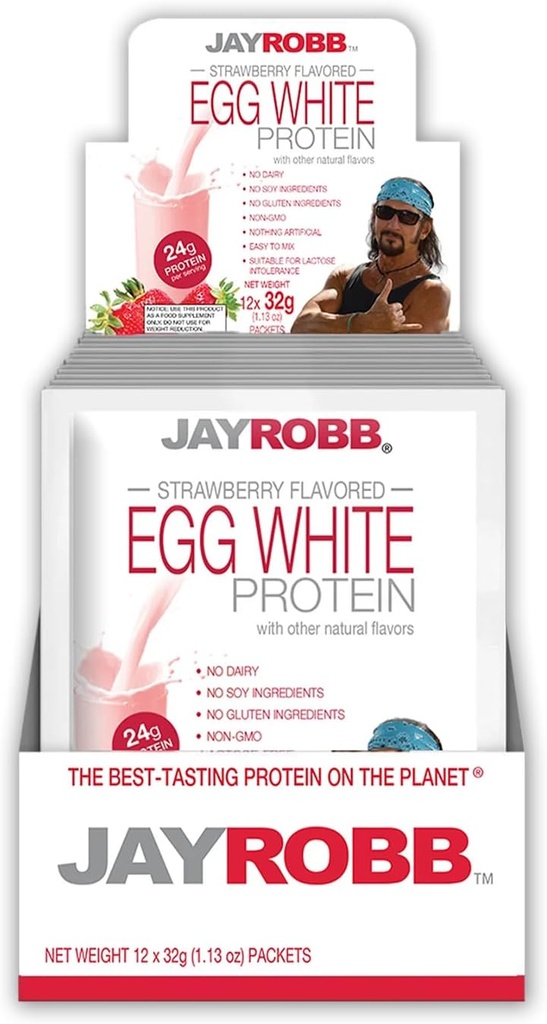 JayRobb Egg White Protein Powder, Low Carb, Keto, Vegetarian, Gluten Free, Lactose Free, No Sugar Added, No Fat, No Soy, Nothing Artificial, Non-GMO, Best-Tasting (Individual Packets, Strawberry)