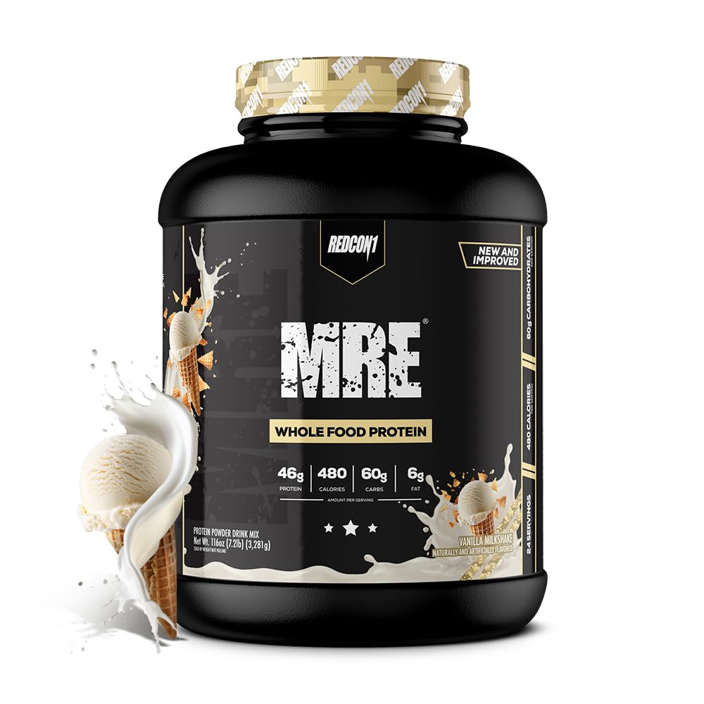 REDCON1 MRE Protein Powder, Vanilla Milkshake - Meal Erstatning Protein Blend Lavet med MCT Oil & Whole Foods - Protein med naturlige ingredienser til hjælp i muskel Inddrivelse (25 Servere)