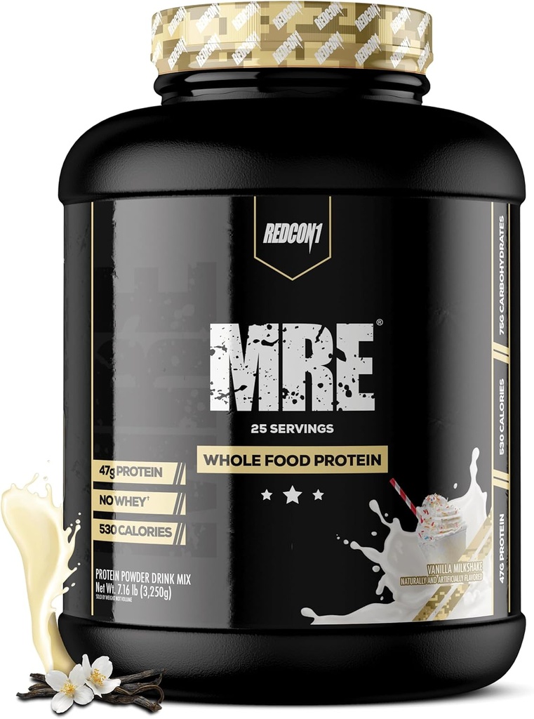 REDCON1 MRE Protein Powder, Vanilla Milkshake - Meal Erstatning Protein Blend Lavet med MCT Oil & Whole Foods - Protein med naturlige ingredienser til hjælp i muskel Inddrivelse (25 Servere)