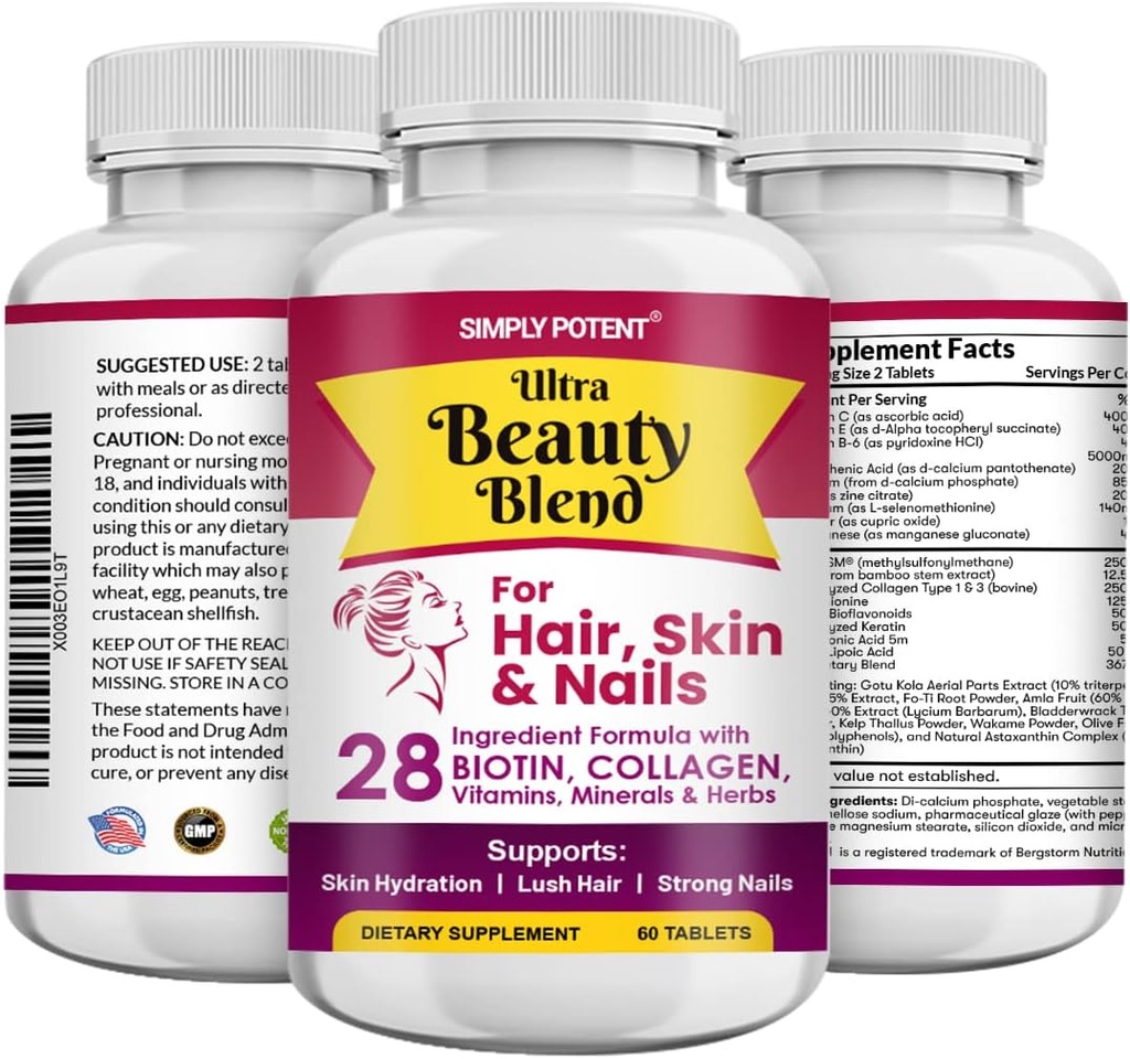 Simply Potent Hår Hud og negle Vitaminer, 28 Ingrediens Anti- Aging Natural Supplement, Biotin 5000mcg til hår & negle, Keratin & MSM til hårvækst, Collagen & Hyaluronsyre til hud, 60 tabletter