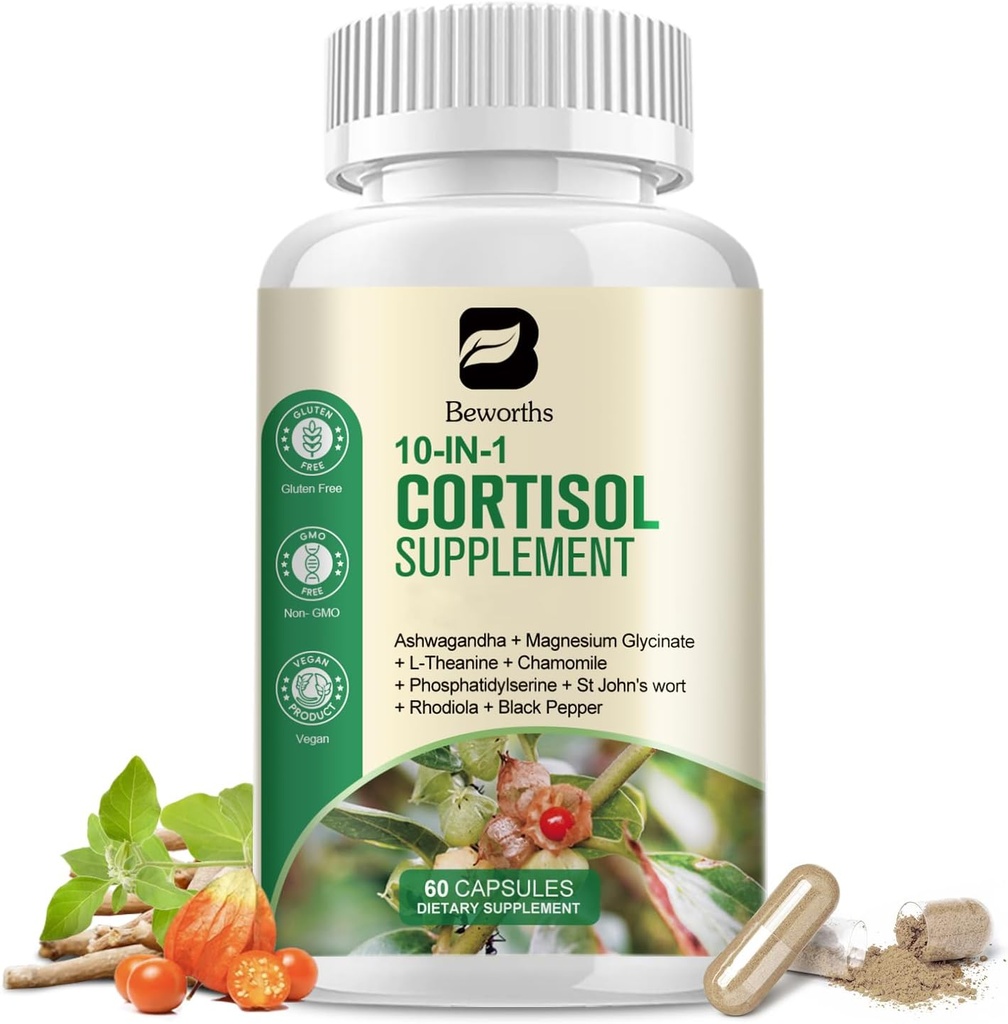 Cortisol Kosttilskud til kvinder, 10- in-1 Cortisol Reducer Manager Kosttilskud med Ashwagandha, Magnesium Glycinat, L- Theanine, Rhodiola, Non- GMO, 60 Vegankapsler