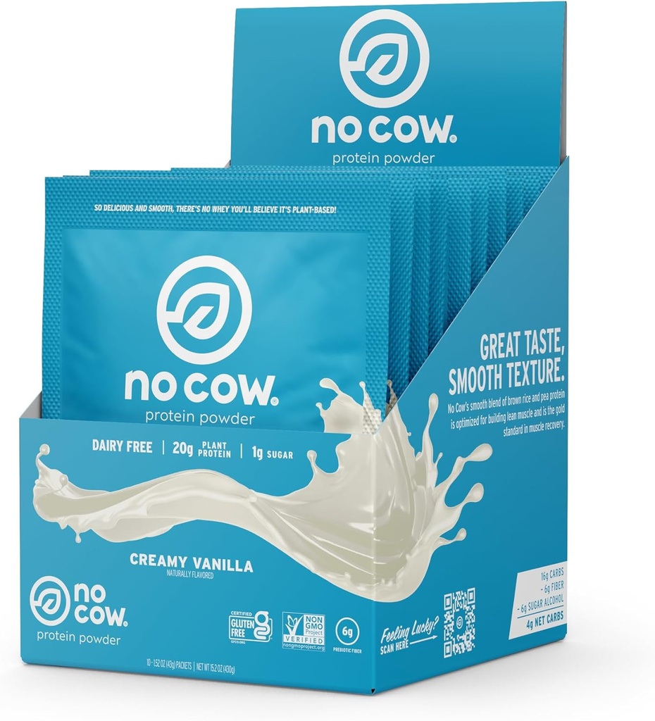 Ingen Cow Vegan Protein Powder, Vanilla, 20g Plant Based Protein, Single Serve Packets, Dairy Free, Soy Free, Ingen Sukker Tilføjet, Keto Friendly, Gluten Free, naturligt sødet, Ikke GMO, Kosher, 10 Greve