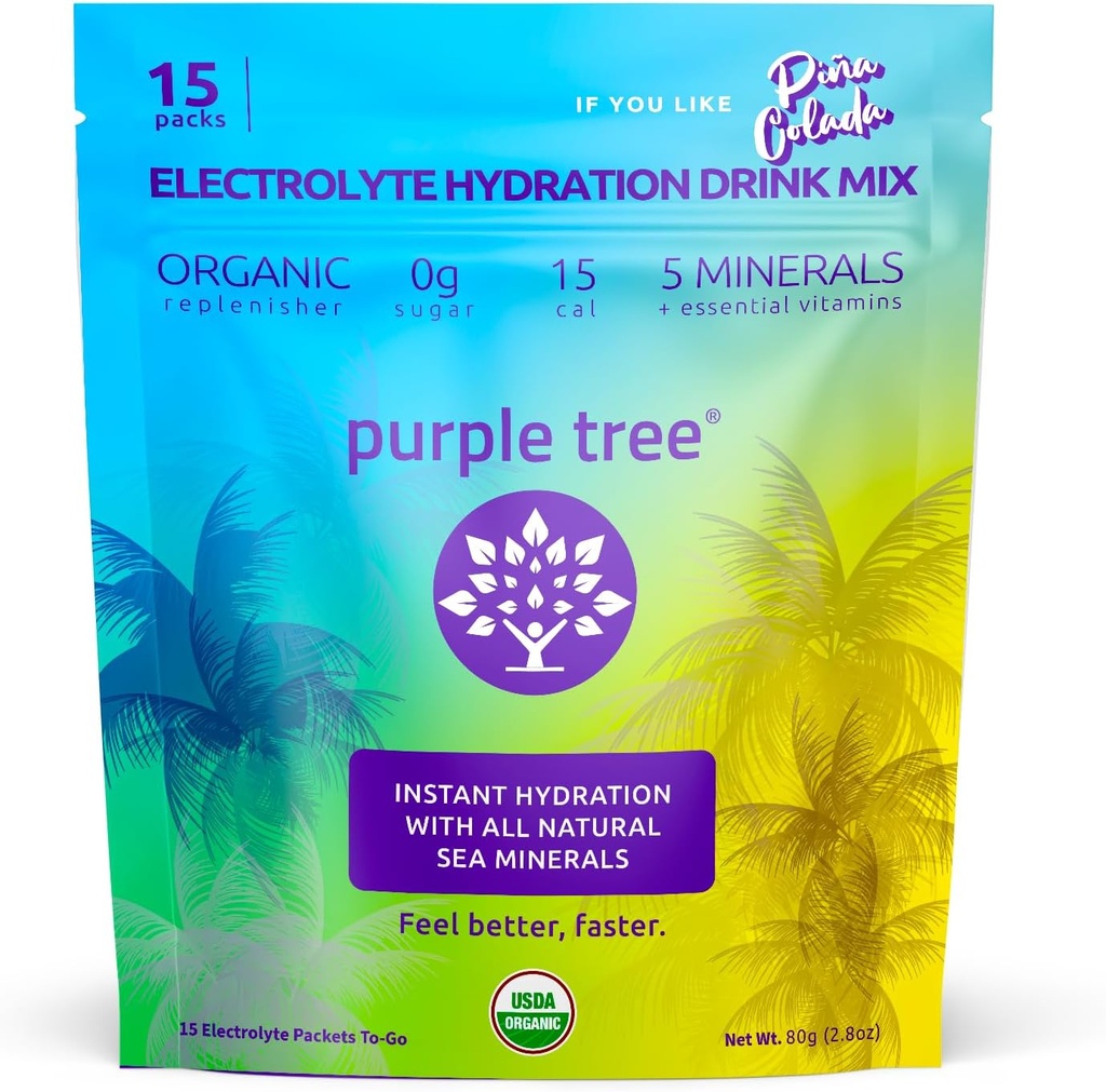 Purple Tree Organic Electrolyte Hydration Pakninger - Pina Colada Flavor, Sugar- Free Liquid Hydration sticks til hurtig rehydrering, Daglig Electrolyte Drink Mix til Dehydrering Relief, 15 To- Go Pakker