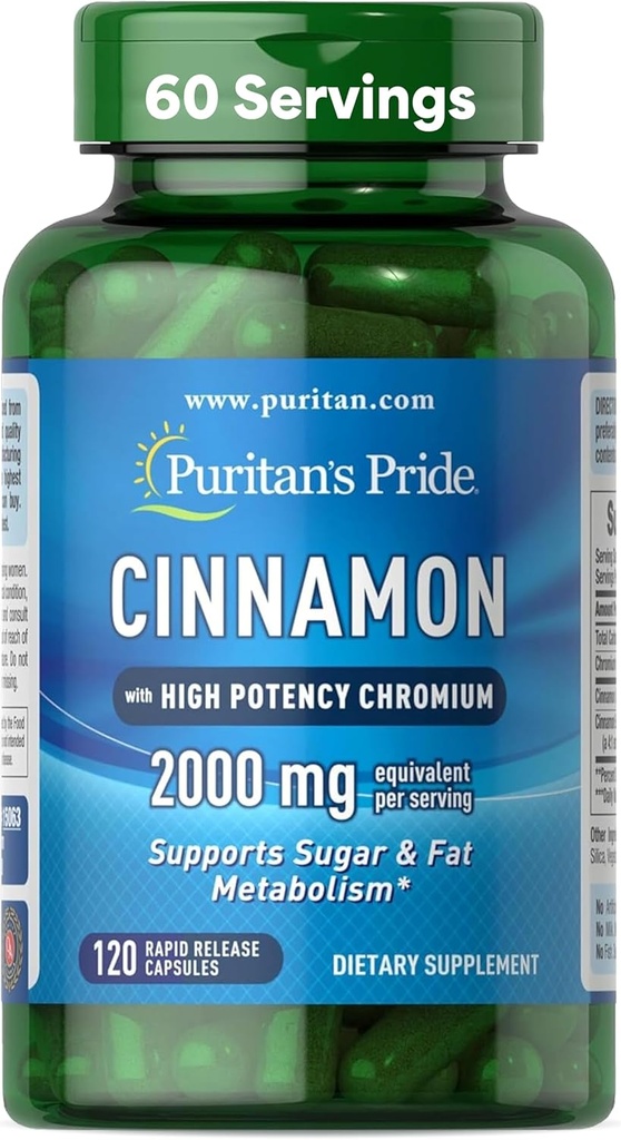 Puritan's Pride Cinnamon 875 mg (2000 mg Equivalent) with High Potency Chromium, Supports Sugar, Fat, and Healthy Nutrient Metabolism, Cellular Energy, 2 Month Supply, 120 Rapid Release Capsules