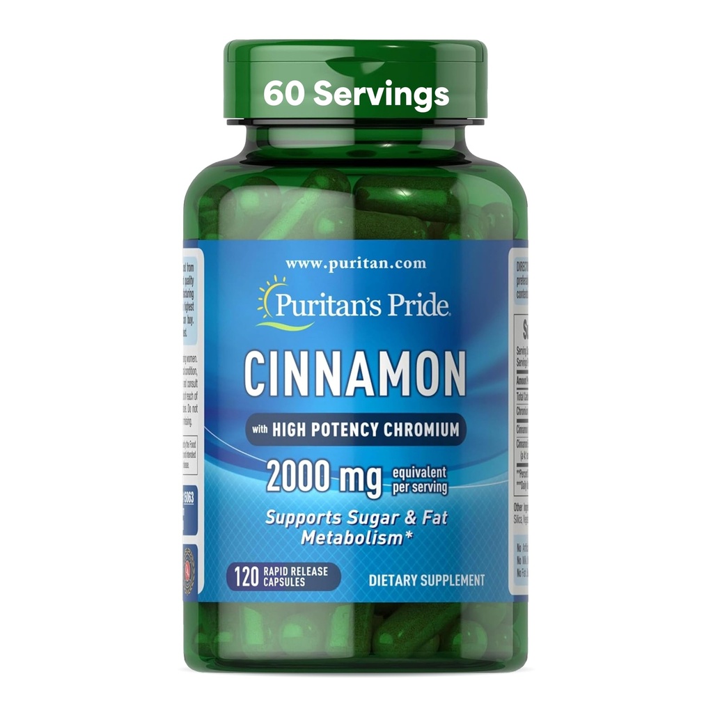 Puritans Pride Cinnamon 875 mg (2000 mg Ækvivalent) med høj potens Chrom, understøtter sukker, fedt, og sund ernæring Metabolisme, cellulær energi, 2 måneder Tilgang, 120 hurtige frigivelse kapsler