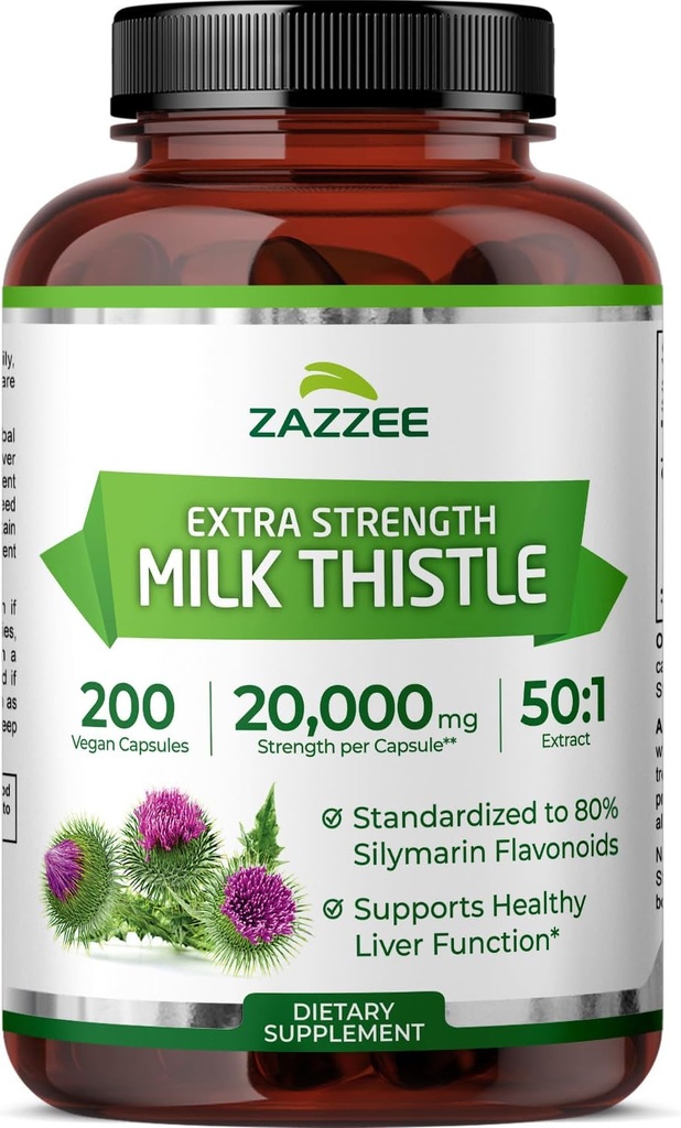 Zazzee Organic Milk Thistle 50: 1 Extract, 20.000 mg Strength, 200 Vegan Capsules, 80% Silymarin Flavonoider, Over 6 Måned Supply, Standardized and Concentrated 50X Extract, All- Natural and Non- GMO